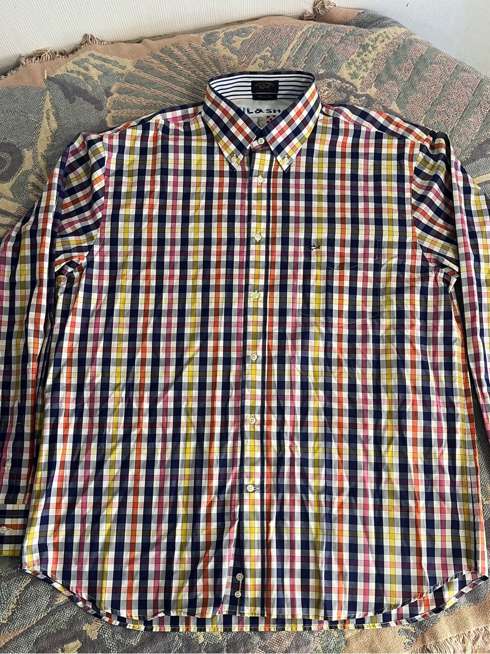 Men's Button-Down Plaid Shirt in Navy/Yellow/Red - Casual Tailored Fit